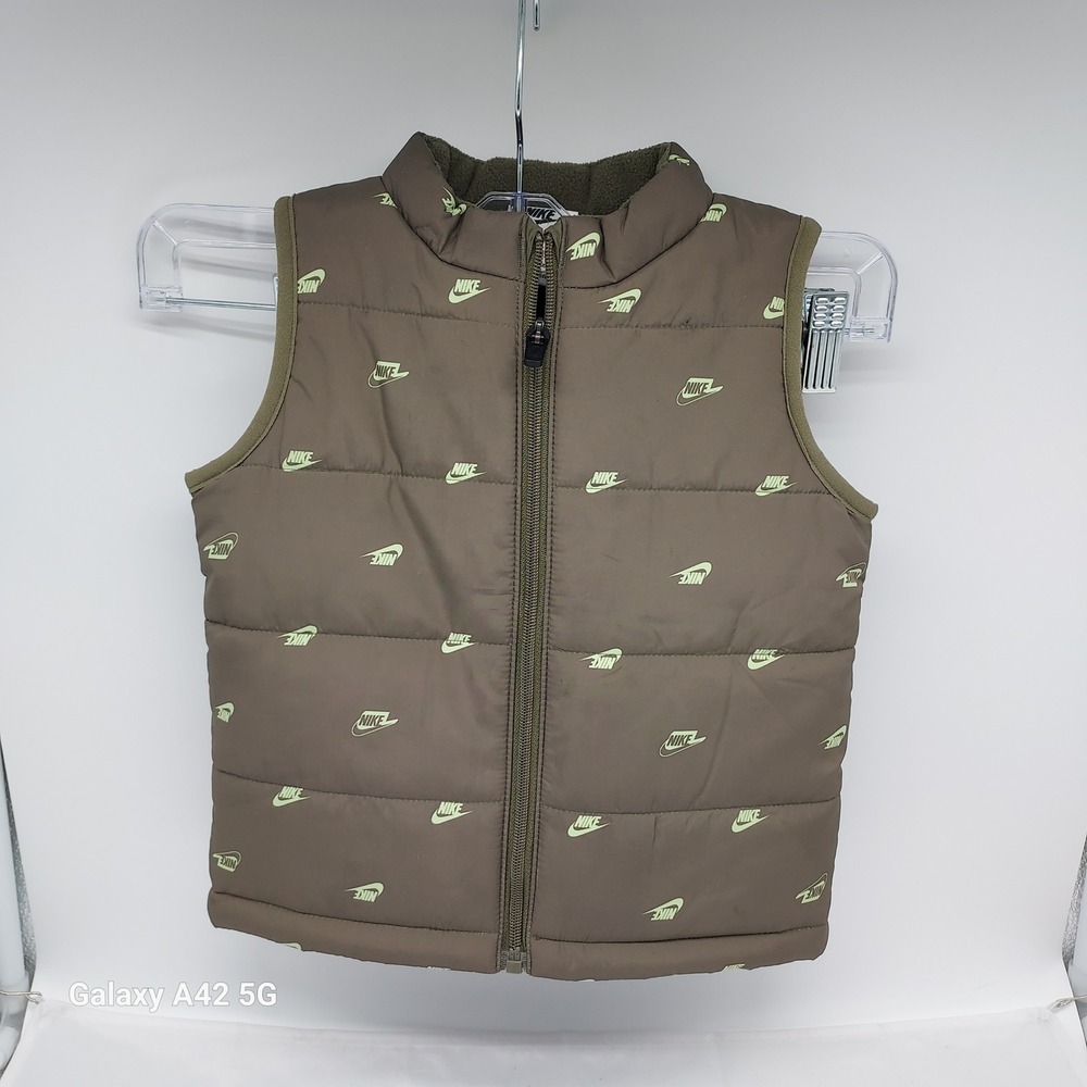 Nike Toddler Puffer Vest Olive Brown Neon Green Logo Print Full Zip 24M L644-E6F - Picture 4 of 5